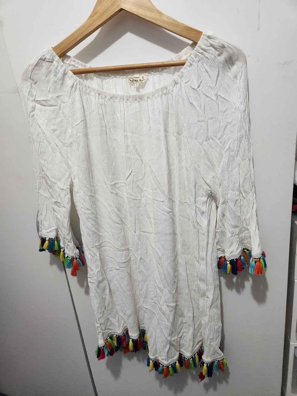 indigo soul White Tassel-Trim Boho Tunic